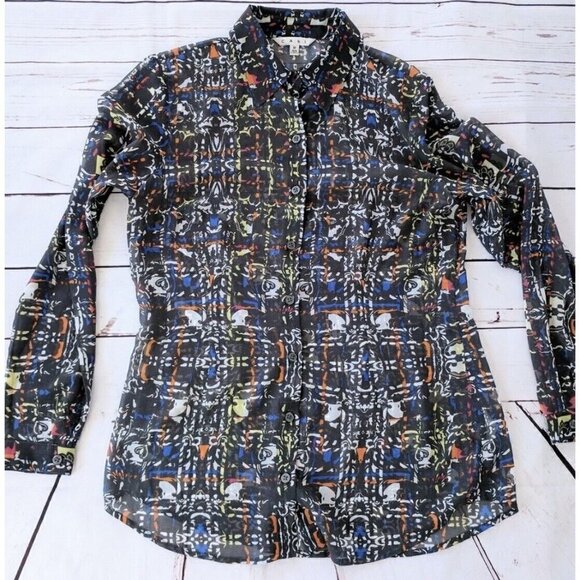 CAbi Womens Chiffon Semi Sheer Button Up Front Shirt Festival Geometric Sz Small - Picture 2 of 8